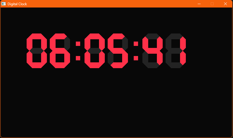 Digital Clock application displaying the time in custom red seven-segment digits on a black background.