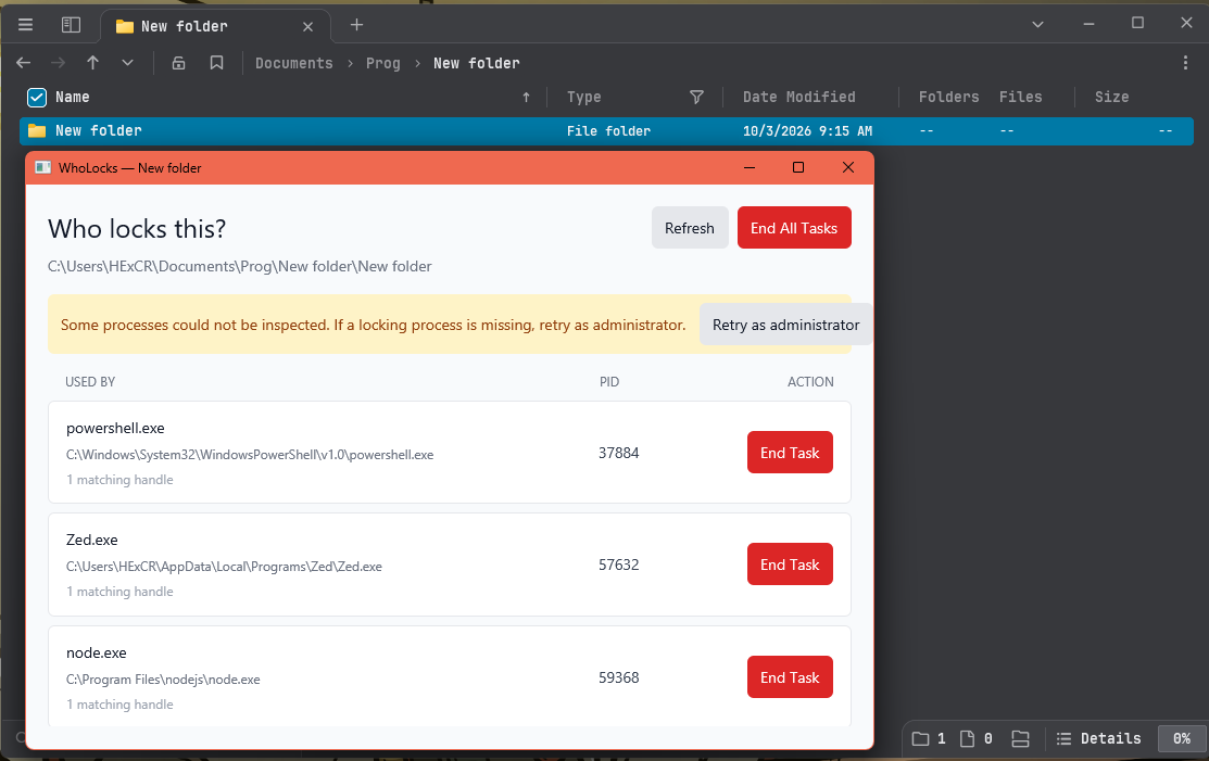 WhoLocks showing process names, file paths, and process IDs for a selected folder in Windows File Explorer.